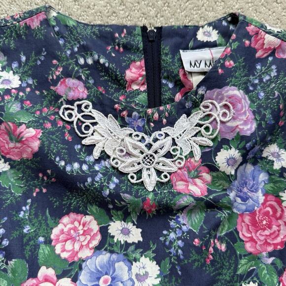 Vtg 90's My Michelle Girls Blue Floral Puff Sleeve Lace Cottagecore Dress Sz 10 - Picture 5 of 12